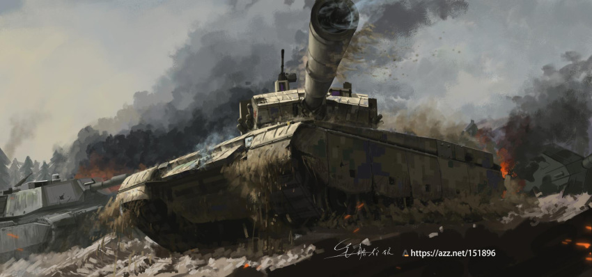 caterpillar_tracks chinese_commentary cloud commentary_request day fire forest ground_vehicle gun highres m1_abrams machine_gun military military_vehicle motor_vehicle nature no_humans original people's_liberation_army shouhui_lang_qun signature sky smoke tank tree type_99_tank weapon