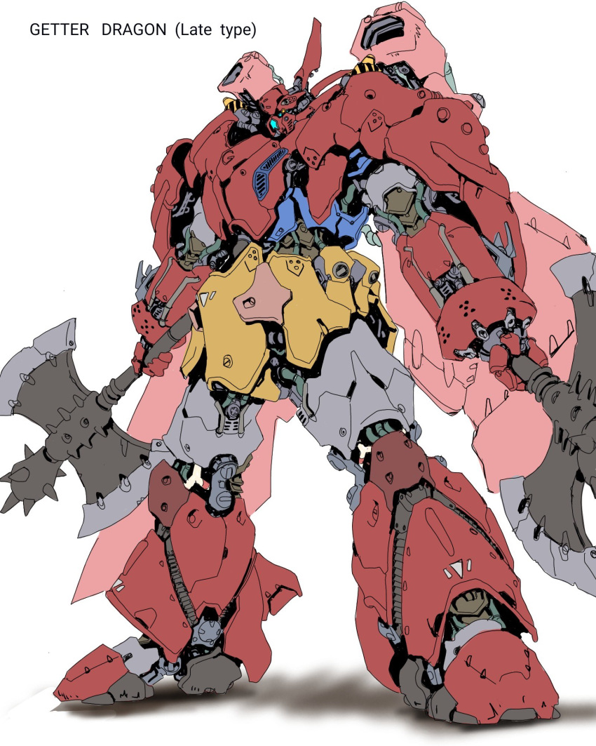 axe blue_eyes character_name dual_wielding extra_eyes getter_dragon getter_robo getter_robo_g highres holding holding_axe mecha no_humans orange_eyes redesign shisaton. solo white_background