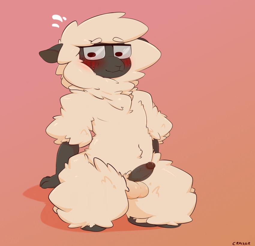 anthro blush bovid caprine cracker_(artist) dark_body dark_skin embarrassed eyewear fur genitals glasses hi_res male mammal nude penis sheep solo wool_(fur)