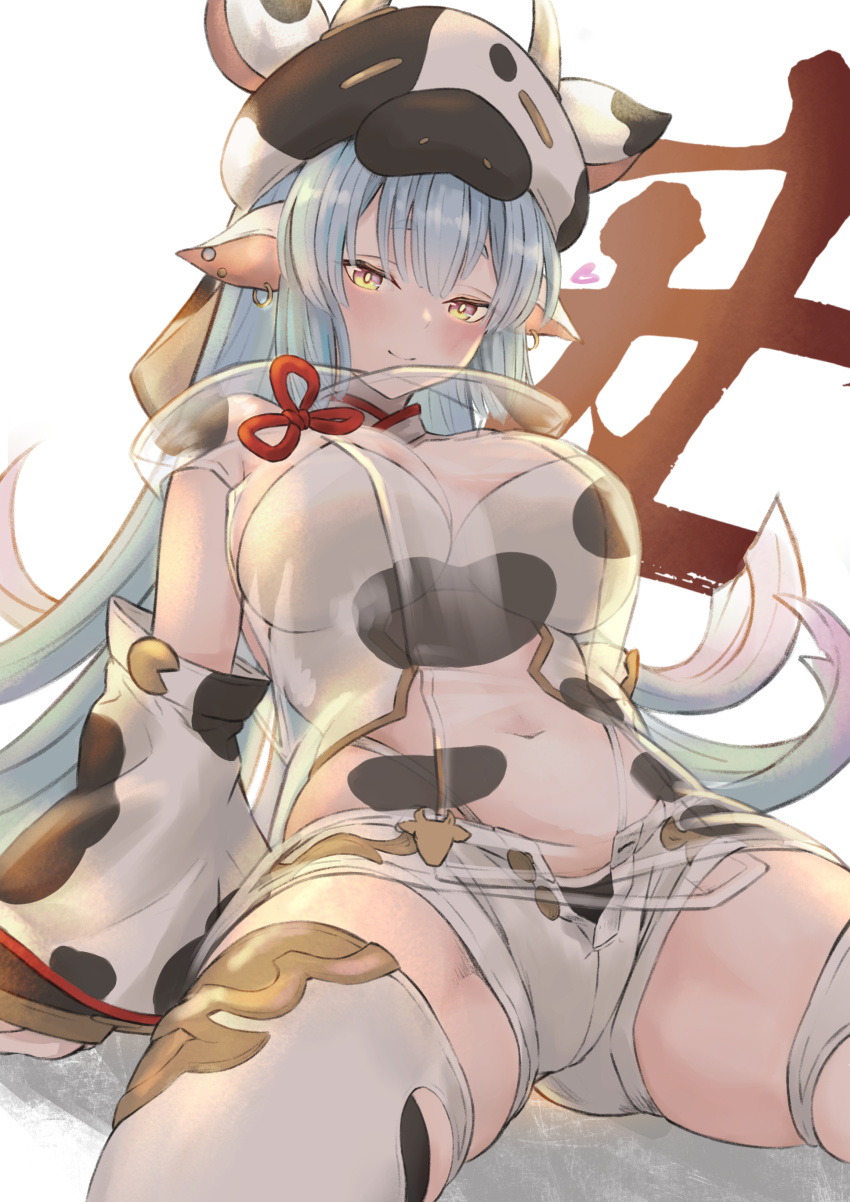 1girl absurdres animal_ears animal_print blue_hair blush breasts cleavage closed_mouth commentary_request cow_ears cow_hood cow_horns cow_print detached_sleeves draph granblue_fantasy heart highres horns large_breasts long_hair looking_at_viewer maru_aki navel pink_eyes shatola_(granblue_fantasy) sheer_clothes shorts simple_background smile solo thighhighs thighs unbuttoned unbuttoned_shorts white_background white_legwear white_shorts