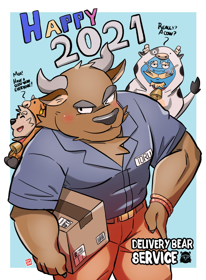 2020 2021 absurd_res american_black_bear anthro asian_mythology black_bear black_nose blue_body blush bottomwear bovid bovine brown_body brown_fur cattle chinese_new_year chinese_zodiac clothing delivery_(commerce) delivery_bear_service delivery_employee dragon east_asian_mythology eastern_dragon english_text eyes_closed fur group hi_res holidays humanoid_hands kamui_shirow kermo_(kamui_shirow) kermode_bear male mammal mythology new_year one_eye_closed onesie pants rayu_(kamui_shirow) shirt text topwear ursid ursine wink year_of_the_ox