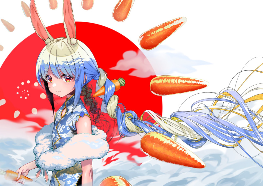 1girl animal_ear_fluff animal_ears bangs bare_arms blue_hair braid bunny_ears carrot_hair_ornament china_dress chinese_clothes closed_mouth colored_inner_hair cosplay cowboy_shot don-chan_(usada_pekora) dress eyebrows_visible_through_hair flat_chest food_themed_hair_ornament from_side hair_ornament high_collar highres hikimayu hololive lilith_aensland lilith_aensland_(cosplay) long_hair multicolored_hair new_year rabbit_girl short_eyebrows sidelocks solo tonegawa_ribu twin_braids two-tone_hair usada_pekora virtual_youtuber white_hair