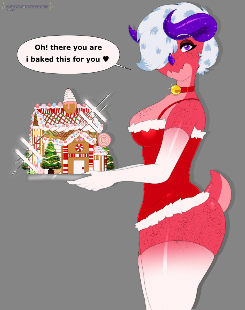 2020 anthro berry_the_dragon big_breasts breasts christmas cinnamonrug collar dragon english_text female gingerbread_house hi_res holidays purple_eyes red_body solo text