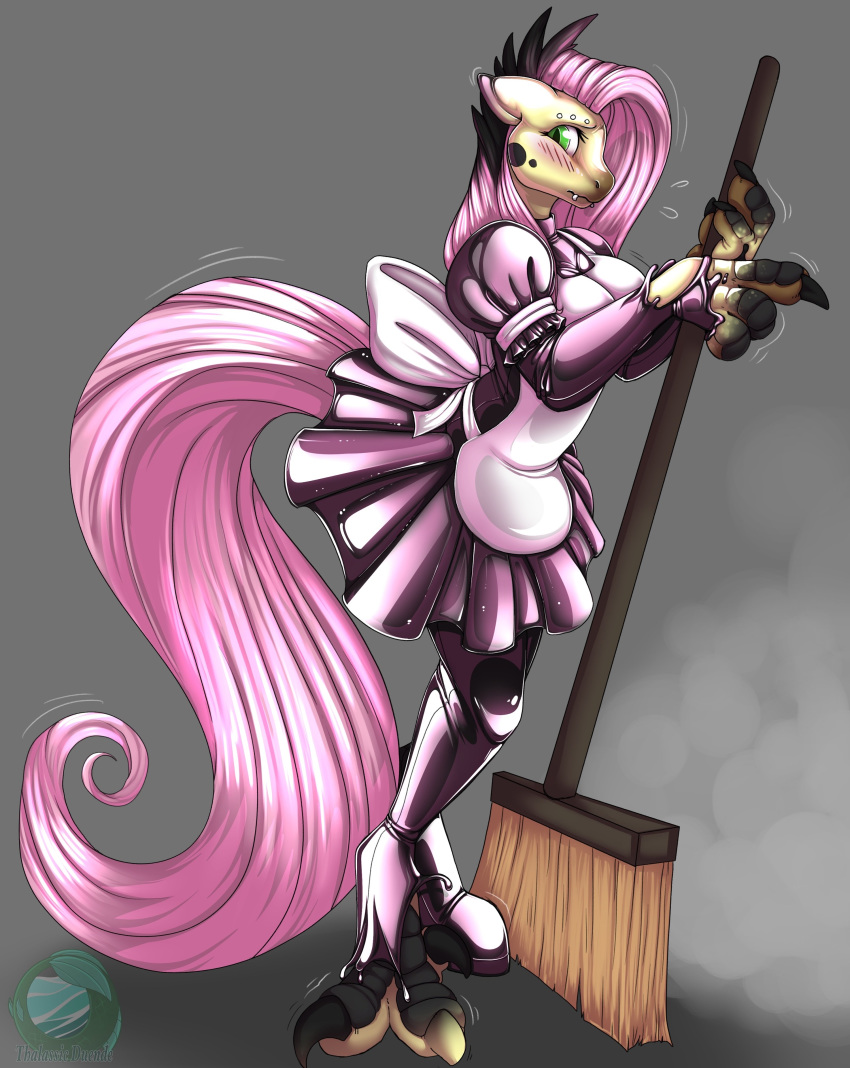 2020 absurd_res apron blush breasts broom cleaning_tool clothing dragon equid equine female fluttershy_(mlp) friendship_is_magic goo_transformation green_eyes hair hasbro hi_res holding_broom kaitofletcher maid_uniform mammal mid-transformation my_little_pony partial_transformation pink_hair pupils rubber simple_background slit_pupils solo species_transformation standing surprise transformation uniform