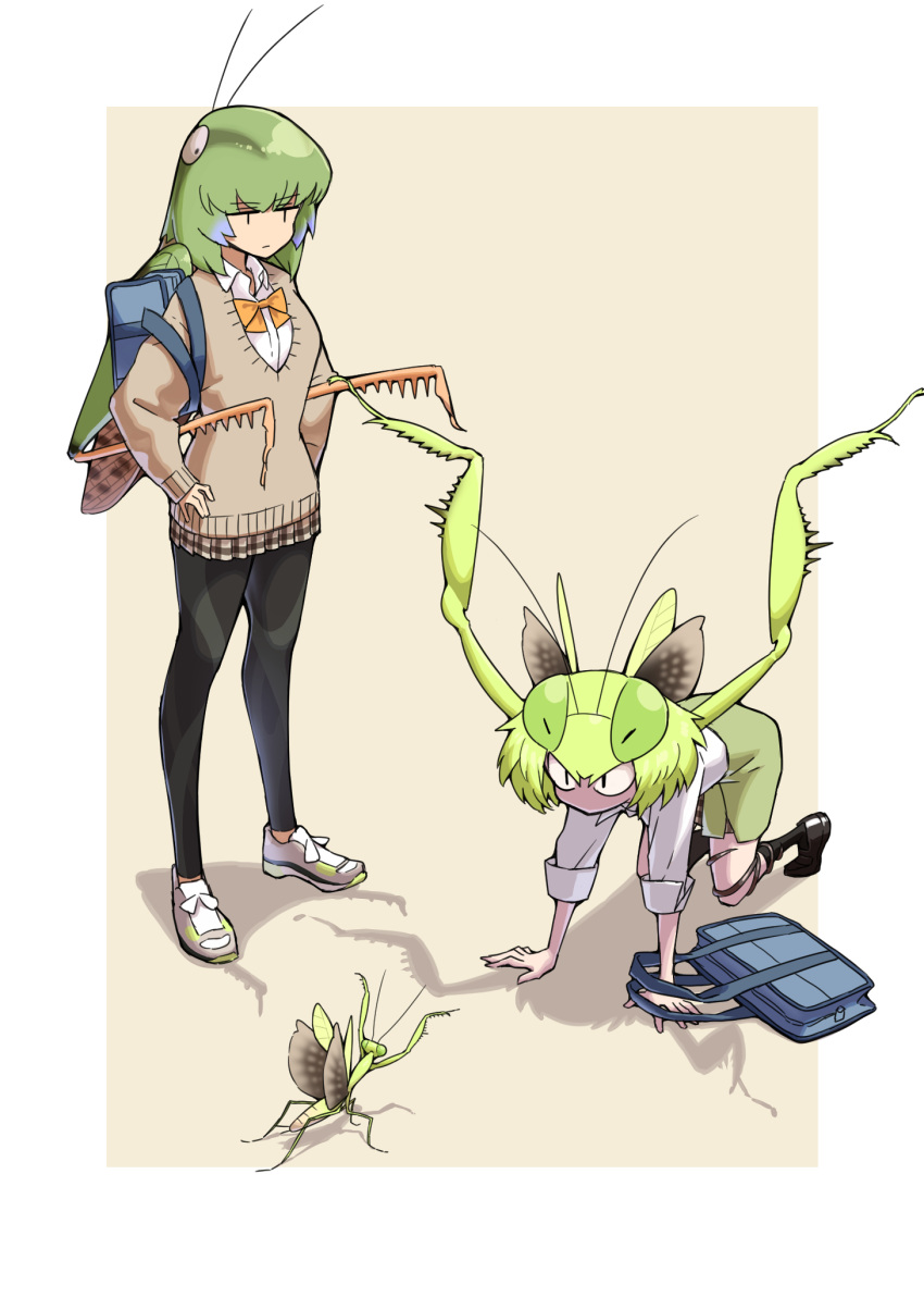 2girls all_fours bag bug cardigan evolvingmonkey full_body grasshopper_inoue green_hair hands_on_hips highres insect insect_girl leggings mantis_akiyama multiple_girls original parasite praying_mantis school_bag school_uniform simple_background standing worms