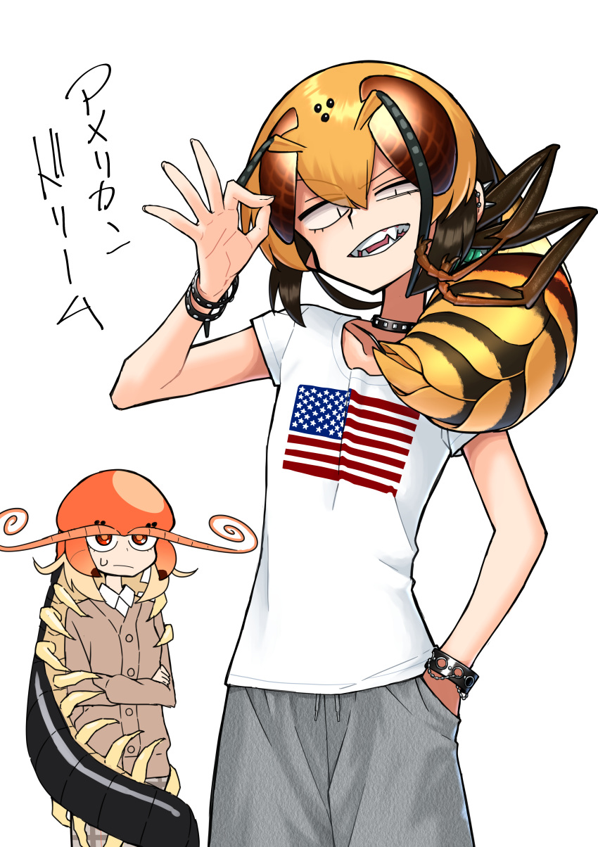 2girls absurdres american_flag antennae black_hair blonde_hair bug cardigan centipede centipede_girl choker crossed_arms evolvingmonkey fangs hand_in_pocket highres insect_girl multiple_girls ok_sign orange_eyes original pants shirt sweatdrop sweatpants t-shirt translated wasp_girl