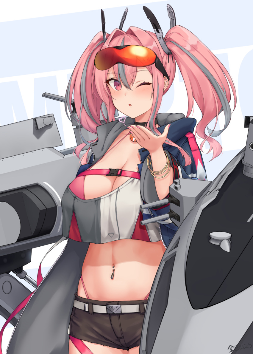 1girl azur_lane bangs belt bikini bikini_under_clothes black_choker black_shorts blown_kiss blue_jacket blush bracelet breasts bremerton_(azur_lane) character_name choker cleavage collarbone commentary_request cowboy_shot crop_top crop_top_overhang cutoffs ear_piercing eyebrows_visible_through_hair eyewear_on_head grey_belt grey_hair groin hair_between_eyes hair_intakes hair_ornament hand_up heart highleg highleg_bikini highres hood hood_down hooded_jacket jacket jewelry kin'iro_dojo large_breasts lifebuoy_ornament long_hair long_sleeves looking_at_viewer midriff mole mole_under_eye multicolored_hair navel navel_piercing number one_eye_closed open_clothes open_jacket parted_lips piercing pink_bikini pink_eyes pink_hair red-tinted_eyewear rigging shirt short_shorts shorts sidelocks signature snap-fit_buckle solo standing streaked_hair sunglasses swimsuit thigh_strap turret twintails two-tone_hair two-tone_shirt