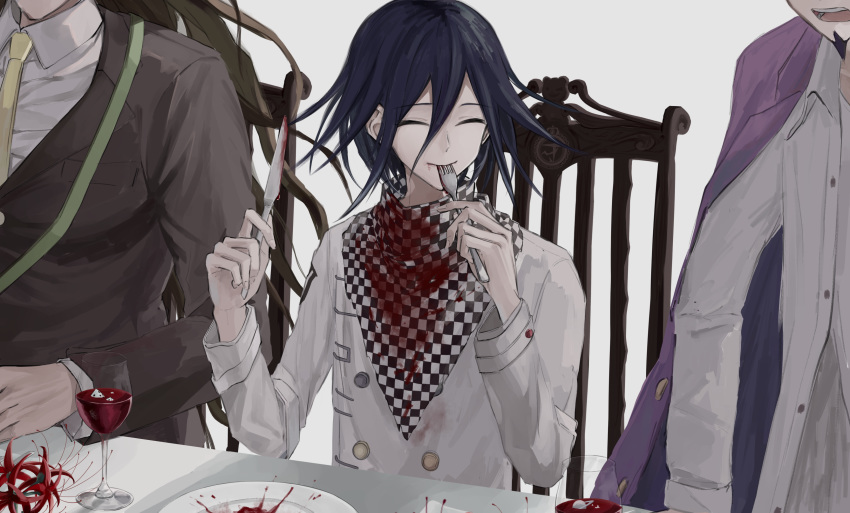 3boys absurdres bangs black_hair blood bloody_clothes brown_hair brown_jacket chair checkered checkered_scarf closed_eyes collared_shirt commentary_request cup danganronpa_(series) danganronpa_v3:_killing_harmony dress_shirt drinking_glass eating flower fork glass gokuhara_gonta grey_background hair_between_eyes head_out_of_frame highres holding holding_fork holding_knife iumi_urura jacket jacket_on_shoulders knife long_hair long_sleeves male_focus messy_hair momota_kaito multiple_boys necktie ouma_kokichi red_flower scarf shirt sitting smile spider_lily table upper_body wine_glass wooden_chair yellow_neckwear