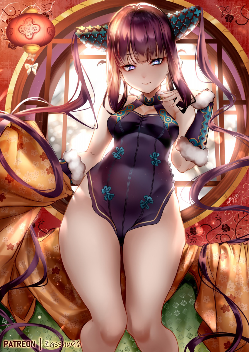 1girl bangs bare_shoulders black_dress blue_eyes blush breasts china_dress chinese_clothes cleavage detached_sleeves dress fate/grand_order fate_(series) hair_ornament highres long_hair looking_at_viewer medium_breasts purple_hair side_slit sidelocks smile thighs twintails very_long_hair yang_guifei_(fate/grand_order) zasshu