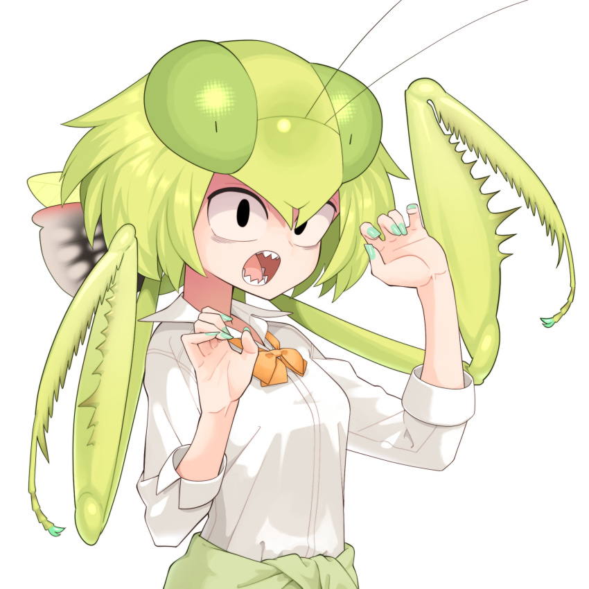 1girl evolvingmonkey green_hair highres insect_girl mantis_akiyama nail_polish open_mouth original praying_mantis school_uniform sharp_teeth teeth upper_body white_background