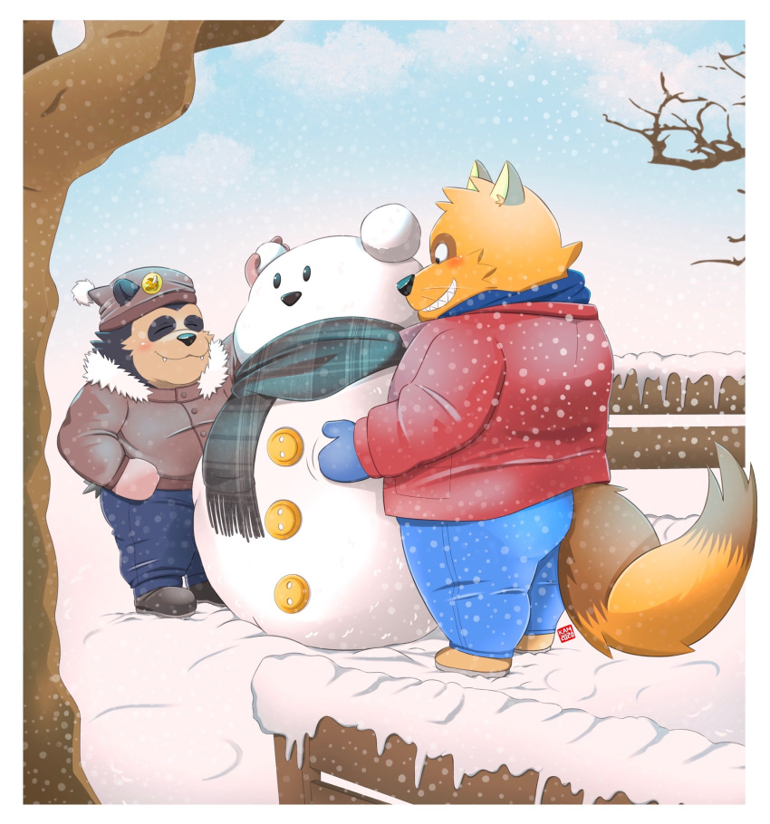 2020 anthro black_body black_fur black_nose blush bottomwear brown_body brown_fur butt canid canine clothing cute_fangs detailed_background duo eyes_closed fur gloves handwear hi_res kamui_shirow male mammal outside overweight overweight_male pants raccoon_dog scarf snow snowing snowman spectacled_bear sweater tanuki topwear tremarctine ursid