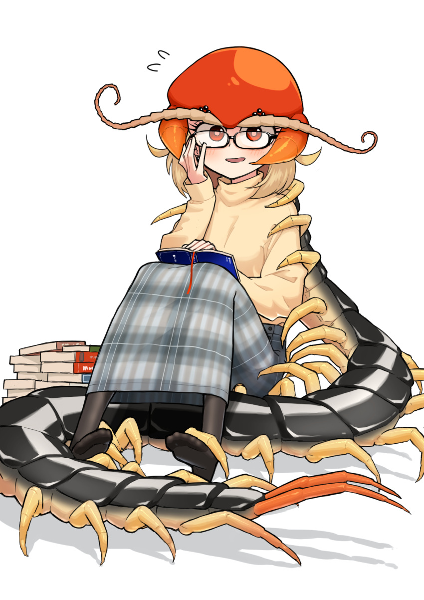 1girl black_legwear book bug centipede centipede_girl evolvingmonkey glasses highres insect_girl long_skirt looking_at_viewer no_shoes orange_eyes original pantyhose plaid plaid_skirt sitting skirt solo turtleneck white_background