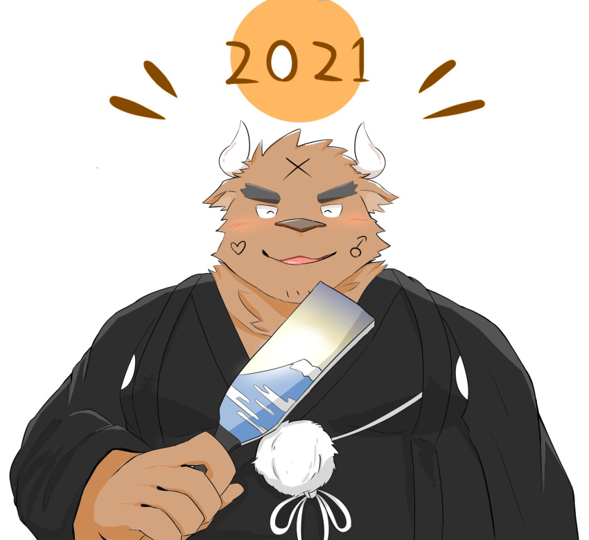 2021 anthro blush bovid bovine brown_body brown_fur cattle chinese_new_year chinese_zodiac eyes_closed fur hi_res holidays humanoid_hands kuroamekemo male mammal new_year overweight overweight_anthro overweight_male simple_background solo white_background year_of_the_ox