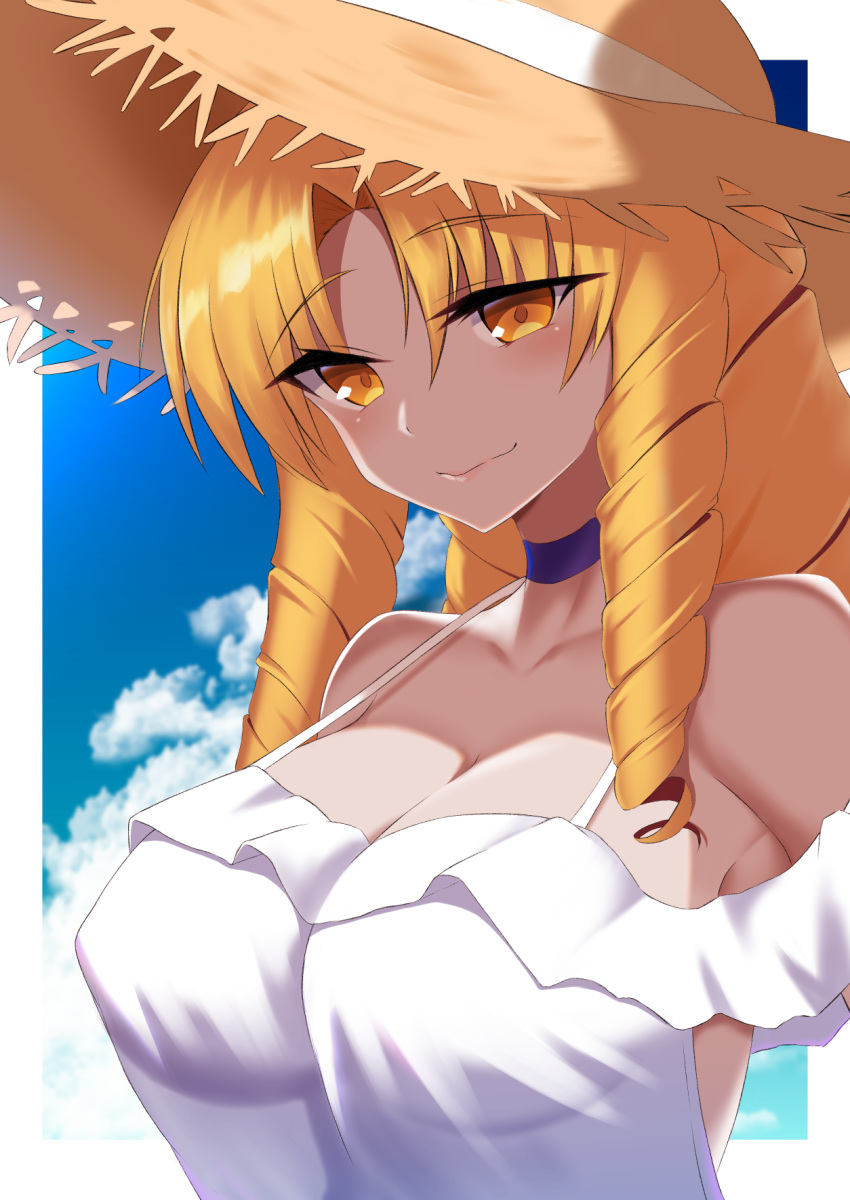 1girl blonde_hair blue_choker blue_sky blush border breasts choker cleavage cloud coyomin dress drill_hair eyebrows_visible_through_hair fate_(series) hat highres large_breasts luviagelita_edelfelt outside_border see-through_dress sky solo spaghetti_strap strap_gap straw_hat sundress twin_drills upper_body white_border yellow_eyes