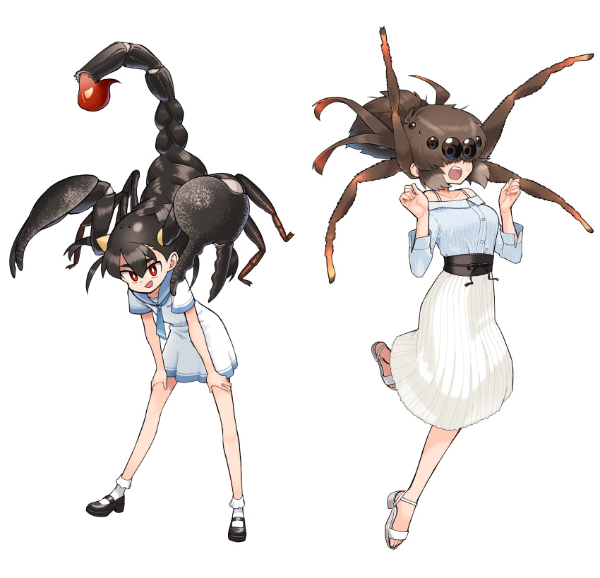 2girls absurdres black_hair brown_hair bug dress evolvingmonkey full_body highres insect_girl long_skirt multiple_girls original pincers red_eyes sailor_collar sailor_dress sandals scorpion scorpion_girl scorpion_tsuchida skirt spider spider_girl spider_itou stinger white_background