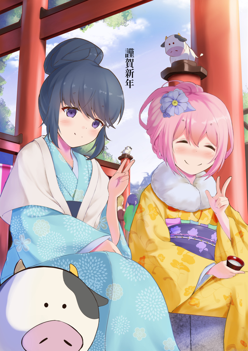 2girls absurdres amazake_(drink) blue_hair blush chinese_zodiac closed_eyes cow file112056 flower hair_bun hair_flower hair_ornament highres japanese_clothes kagamihara_nadeshiko kimono looking_at_viewer multiple_girls new_year obi pink_hair ponytail purple_eyes sash shima_rin shrine sitting smile v w year_of_the_ox yurucamp