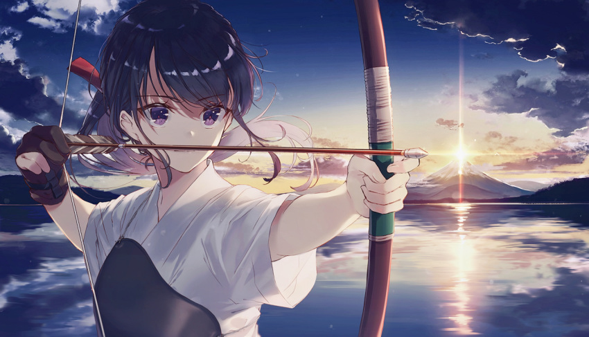 1girl archery arrow_(projectile) black_hair bow_(weapon) gloves kusaka_kou kyuudou mount_fuji muneate original outdoors partially_fingerless_gloves ponytail purple_eyes reflection sky solo sun twilight upper_body water weapon