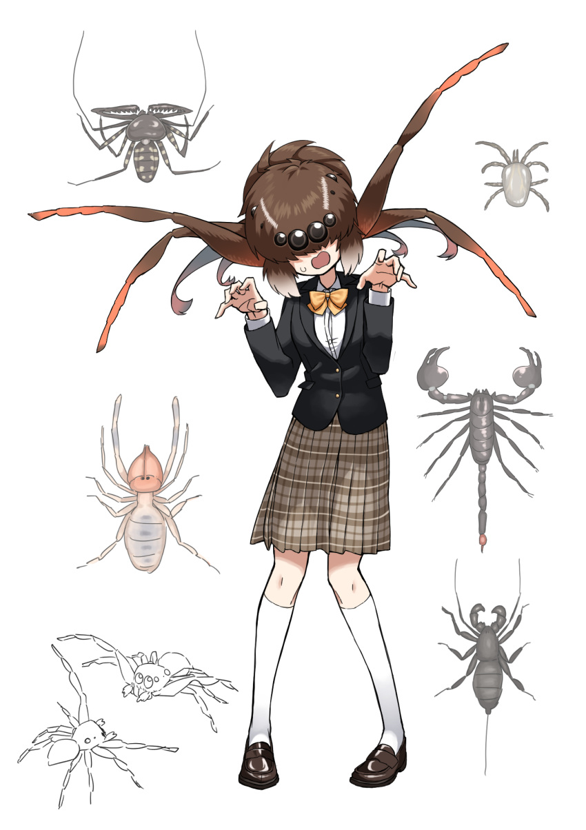 1girl blazer bug evolvingmonkey full_body highres insect_girl jacket kneehighs long_hair open_mouth original plaid plaid_skirt pleated_skirt pose school_uniform scorpion skirt solo spider spider_itou sweatdrop tick white_background white_legwear