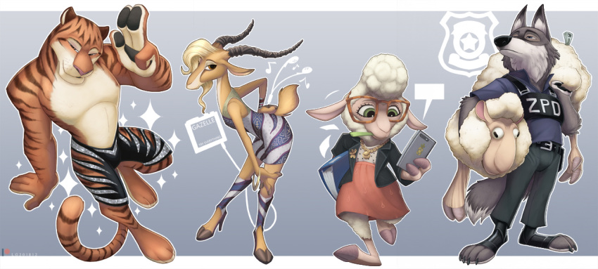 2018 antelope anthro athletic athletic_anthro athletic_male barefoot bottomwear bovid canid canine canis caprine clothed clothing cloven_hooves conditional_dnp dawn_bellwether disney eyewear felid female fully_clothed fur gazelle gazelle_(zootopia) glasses group hooves horn loupgarou male mammal officer_wolfard pantherine police police_uniform sheep skirt standing stripes tiger tiger_dancer_(zootopia) topless uniform wolf wool_(fur) zootopia