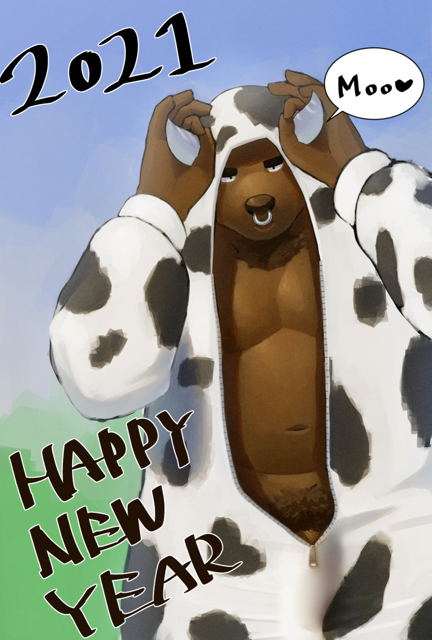 2021 anthro belly bovid bovine brown_body brown_fur cattle chinese_new_year chinese_zodiac fur genitals hi_res holidays humanoid_hands kemono kumamikan male mammal navel new_year onesie overweight overweight_anthro overweight_male penis pubes solo text year_of_the_ox