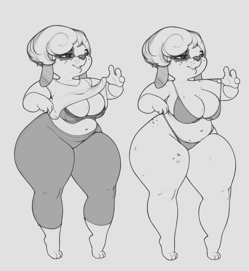 anthro big_breasts bottomwear bra breasts canid canine canis clothed clothing clothing_lift conditional_dnp curvy_figure domestic_dog duo female floppy_ears freckles legwear mammal monochrome navel panties pants slightly_chubby thick_thighs tights underwear voluptuous wide_hips xopachi