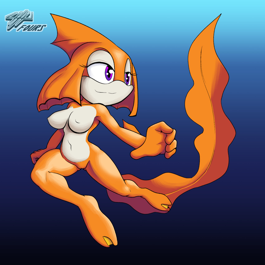 1:1 2019 anthro archie_comics breasts coral_the_betta female fin fish fours_(artist) genitals hi_res marine membrane_(anatomy) non-mammal_breasts orange_body orange_skin purple_eyes pussy solo sonic_the_hedgehog_(archie) sonic_the_hedgehog_(comics) sonic_the_hedgehog_(series) swimming underwater water webbed_feet