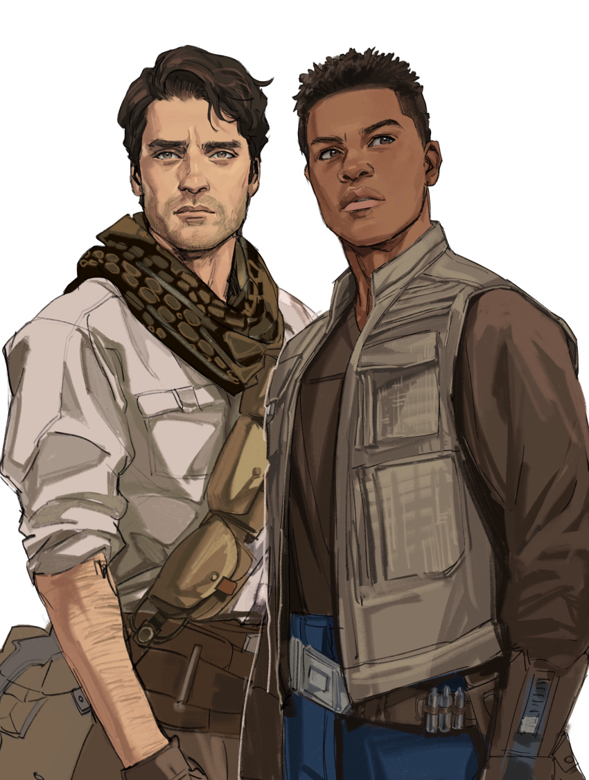 2boys absurdres arm_hair black_hair blue_pants brown_eyes brown_gloves brown_hair brown_jacket brown_scarf brown_shirt commentary dark_skin dark_skinned_male english_commentary facial_hair finn_(star_wars) gloves highres jacket lips looking_at_viewer looking_to_the_side male_focus multiple_boys open_clothes open_jacket pants parted_lips poe_dameron scarf serious shirt short_hair side-by-side simple_background sleeves_rolled_up star_wars star_wars:_the_rise_of_skywalker thisuserisalive upper_body white_background white_shirt