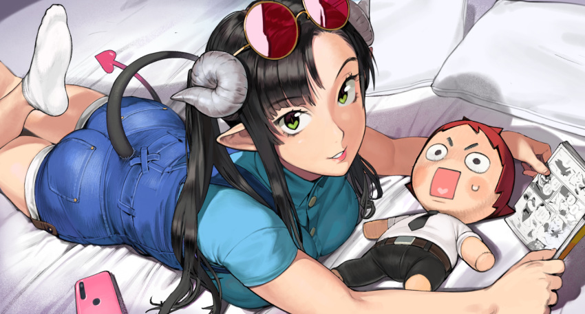 1girl ass black_hair book breasts character_doll curled_horns demon_girl demon_tail denim denim_shorts dera_(talez01) eyewear_on_head feet_up green_eyes horns keita_(talez01) long_hair looking_at_viewer lying manga_(object) medium_breasts on_bed on_stomach open_book original pillow pointy_ears reading red-framed_eyewear red-tinted_eyewear red_tail sheep_horns shirt shorts smile socks solo sunglasses t-shirt tail talez01 the_pose tinted_eyewear twintails