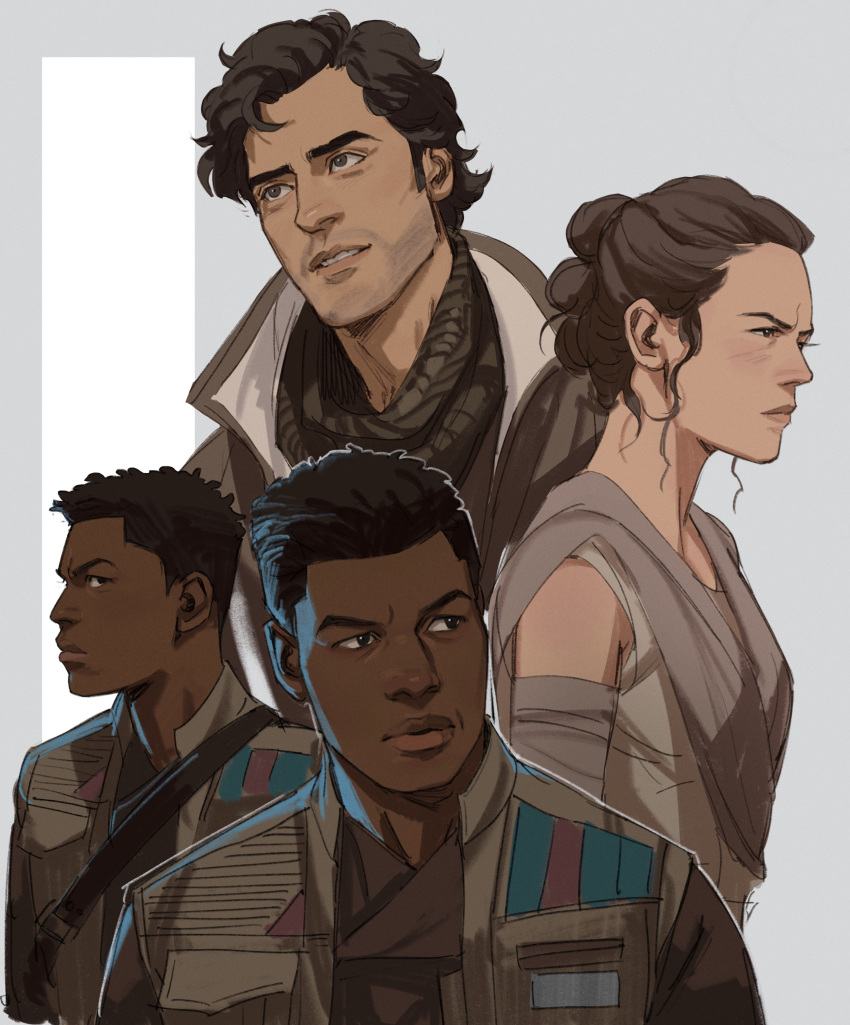 1girl 2boys absurdres bandaged_arm bandages black_eyes black_hair brown_eyes brown_hair brown_jacket brown_shirt closed_mouth commentary dark_skin dark_skinned_male english_commentary finn_(star_wars) grey_background hair_bun highres jacket lips looking_to_the_side multiple_boys multiple_views open_clothes open_jacket parted_lips poe_dameron rey_(star_wars) serious shirt short_hair smile star_wars teeth thisuserisalive tunic two-tone_background upper_body white_background