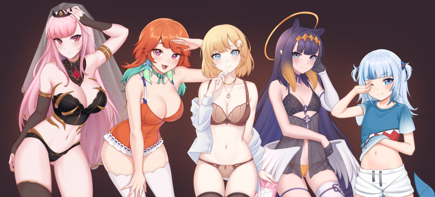 5girls :d ;) absurdres alternate_costume animal_ears arm_up armlet ass_visible_through_thighs bangs bare_shoulders black_bra black_gloves black_legwear blonde_hair blue_eyes blue_hair blue_shirt blunt_bangs blush bra breasts brown_background brown_bra brown_panties bustier choker cleavage closed_mouth collarbone commentary contrapposto cowboy_shot detached_sleeves eyebrows_visible_through_hair feathered_wings fingernails fish_tail food gawr_gura gloves gold_trim gradient gradient_background gradient_hair green_choker green_hair hair_ornament half_gloves halo hand_on_head hand_on_leg hand_over_eye hand_under_clothes hand_under_shirt hand_up highres holding hololive hololive_english jewelry large_breasts leaning_forward leotard lifted_by_self long_hair long_sleeves looking_at_viewer low_wings marshmallow medium_breasts midriff mole mole_under_eye monocle_hair_ornament mori_calliope multicolored multicolored_bra multicolored_clothes multicolored_hair multicolored_panties multiple_girls nail_polish navel necklace ninomae_ina'nis off_shoulder one_eye_closed open_clothes open_mouth orange_hair orange_leotard panties pink_eyes pink_hair pink_nails purple_eyes purple_hair see-through shark_hair_ornament shark_print shark_tail shellvi shirt shirt_lift short_hair short_shorts short_sleeves shorts single_detached_sleeve single_thighhigh skindentation skull small_breasts smile standing stomach streaked_hair t-shirt tail takanashi_kiara teeth tentacle_hair thigh_gap thighhighs thighs tiara two-tone_hair two_side_up underwear undressing veil very_long_hair virtual_youtuber watson_amelia white_legwear white_shirt white_shorts white_wings wings yellow_panties