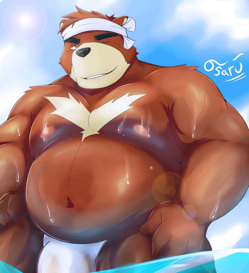 accessory anthro belly blue_sky bon_donuts brown_body brown_fur clothed clothing cloud dripping fur headband hi_res kenji_mikazuki male mammal morenatsu nipples one_eye_closed overweight overweight_anthro overweight_male partially_submerged sky smile solo topless ursid video_games visual_novel water wet wet_clothing white_clothing