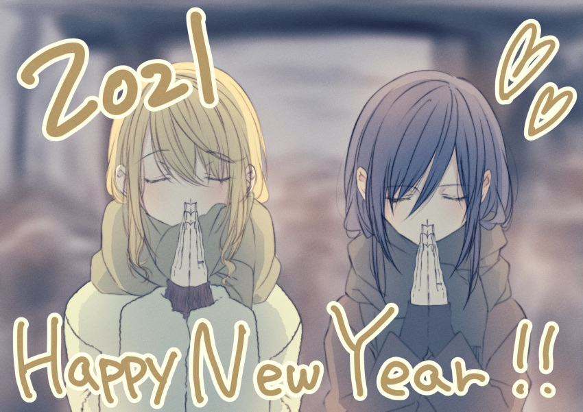 2021 2girls aihara_mei aihara_yuzu bangs black_hair blonde_hair citrus_(saburouta) closed_eyes engagement_ring english_commentary english_text eyebrows_visible_through_hair glidesloe hands_together happy_new_year head_bowed highres jacket jewelry multiple_girls new_year ring scarf step-siblings wife_and_wife winter