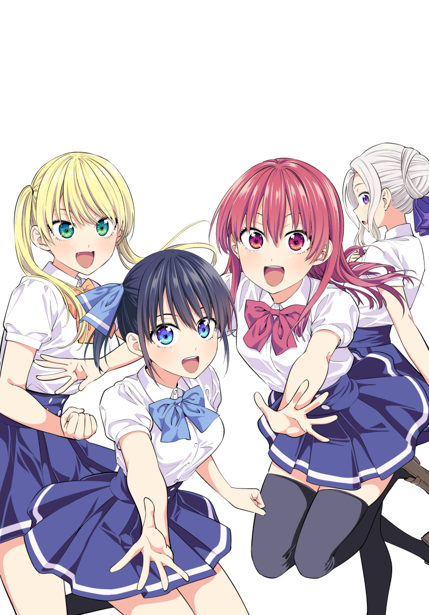 4girls :d :o bangs black_hair black_legwear blonde_hair blue_bow blue_eyes blue_ribbon blue_skirt bow bowtie breasts brown_footwear buttons clenched_hand collared_shirt commentary_request cowboy_shot fist_pump floating_hair green_eyes grey_hair hair_between_eyes hair_bun hair_ribbon hand_on_own_chest happy highres hiroyuki hoshizaki_rika_(kanojo_mo_kanojo) jumping kanojo_mo_kanojo kiryuu_shino large_breasts light_blush long_hair looking_at_viewer medium_breasts minase_nagisa multiple_girls official_art open_mouth orange_bow outstretched_arms outstretched_hand pink_bow pink_eyes pink_hair pleated_skirt purple_eyes purple_ribbon ribbon saki_saki_(kanojo_mo_kanojo) school_uniform shirt shirt_tucked_in shoes short_ponytail short_sleeves side_ponytail simple_background skirt smile standing textless thighhighs twintails white_background white_shirt