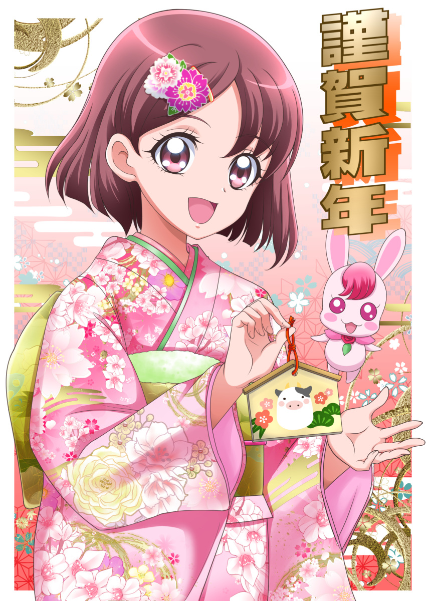1girl :d bangs chinese_zodiac ema floral_print flower hair_flower hair_ornament hanadera_nodoka hanzou happy_new_year healin'_good_precure highres holding japanese_clothes kimono looking_at_viewer new_year obi open_mouth pink_eyes pink_hair pink_kimono precure rabirin_(precure) sash short_hair smile upper_body year_of_the_ox