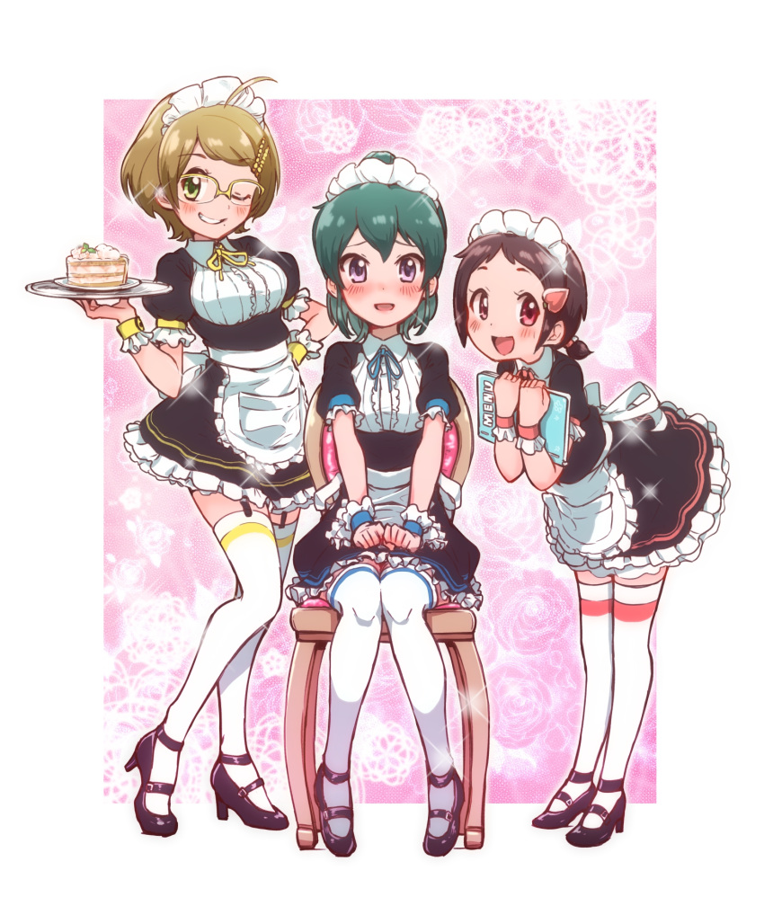 ahoge apron blue_hair brown_hair cake food garter_straps glasses hairband high_heels highres idolmaster idolmaster_cinderella_girls maid maid_apron maid_headdress multiple_girls muramatsu_sakura new_wave_(idolmaster) ooishi_izumi short_twintails tamachan_(gam_baru_ger) tsuchiya_ako twintails