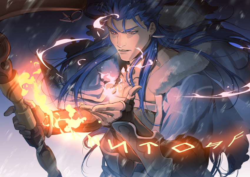 1boy blue_hair bracelet capelet casting_spell cu_chulainn_(fate)_(all) cu_chulainn_(fate/grand_order) earrings fate/grand_order fate_(series) fire floating_hair fur-trimmed_hood fur_trim gochary1212 highres holding holding_staff hood hood_down hooded_capelet jewelry long_hair male_focus red_eyes runes slit_pupils solo spiked_hair staff type-moon vambraces wooden_staff