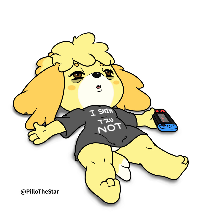 absurd_res animal_crossing anthro bags_under_eyes bottomless brown_eyes canid canine canis clothed clothing dipstick_tail domestic_dog english_text featureless_crotch female fur hi_res humor isabelle_(animal_crossing) lying mammal multicolored_tail nintendo nintendo_switch on_back pillothestar pseudo_hair pun shih_tzu shirt signature simple_background solo text text_on_clothing text_on_shirt text_on_topwear tired topwear toy_dog video_games yellow_body yellow_fur