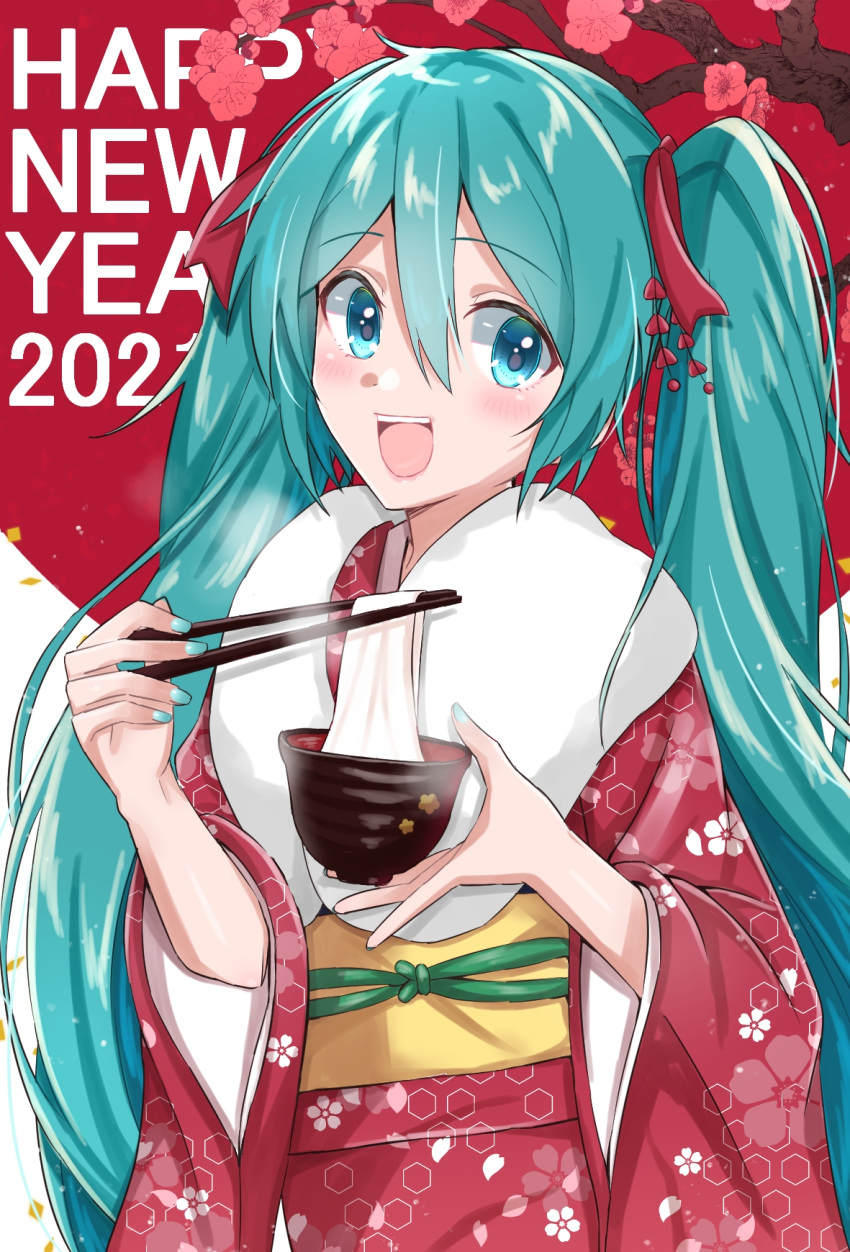 1girl 2021 aqua_eyes aqua_hair aqua_nails blush bowl branch cherry_blossoms chopsticks commentary floral_print happy_new_year hatsune_miku highres holding holding_bowl holding_chopsticks honeycomb_(pattern) japanese_clothes kimono long_hair mochi nail_polish nengajou new_year obi open_mouth red_background red_kimono sakuramon sash smile solo supo01 twintails upper_body very_long_hair vocaloid wide_sleeves