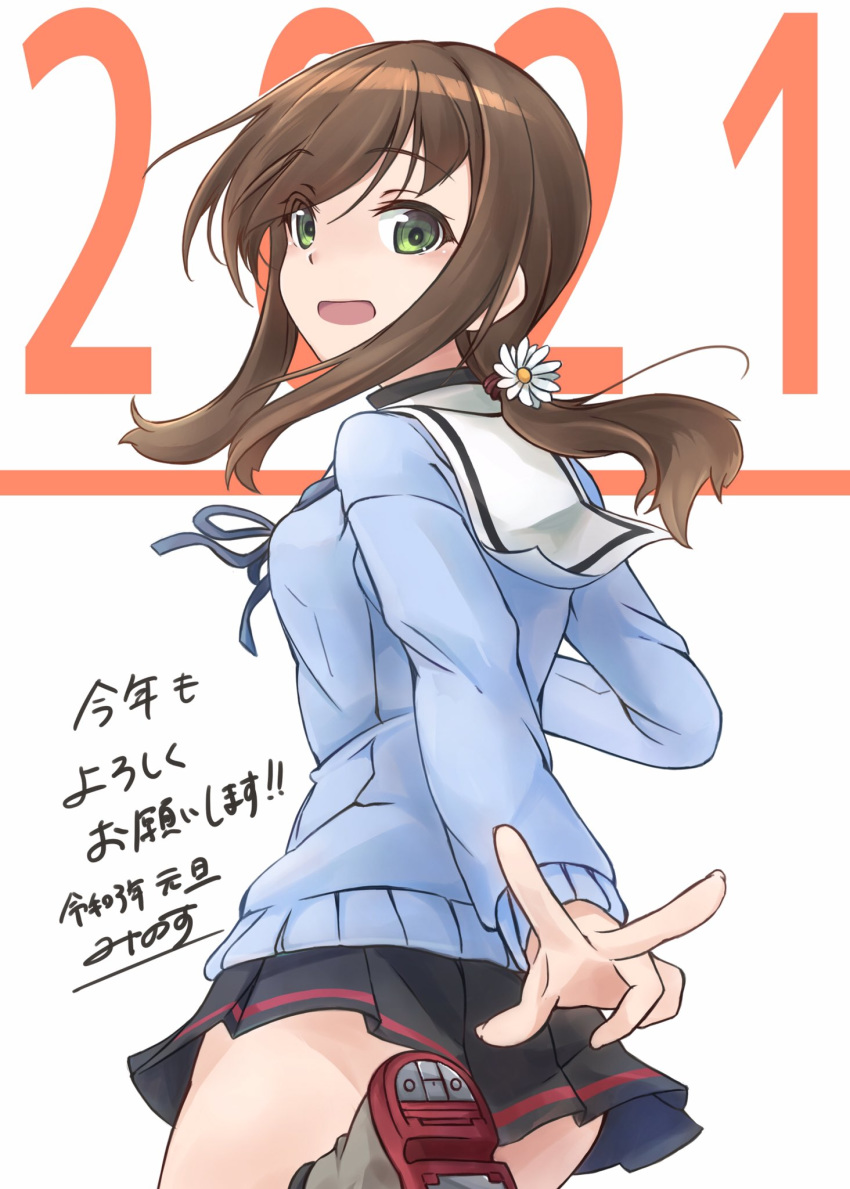 1girl 2020 adapted_costume akeome background_text black_hair black_skirt blue_sweater commentary_request from_behind fubuki_(kantai_collection) green_eyes happy_new_year highres kantai_collection long_hair looking_at_viewer low_ponytail minosu new_year original_remodel_(kantai_collection) pleated_skirt ponytail remodel_(kantai_collection) sailor_collar short_ponytail sidelocks simple_background skirt solo sweater white_background white_sailor_collar