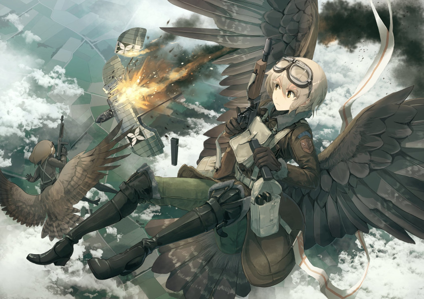 2girls above_clouds aircraft airplane asterisk_kome bangs bird_wings black_footwear black_gloves black_jacket boots brown_coat brown_eyes brown_hair brown_wings closed_eyes cloud coat commentary day explosion flying frown gloves goggles goggles_on_head grey_pants gun highres holding holding_gun holding_magazine_(weapon) holding_weapon jacket knee_boots low_wings magazine_(weapon) medium_hair military military_uniform multiple_girls outdoors pants parachute pennant roundel short_hair silver_hair smoke uniform weapon weapon_request winged_fusiliers wings