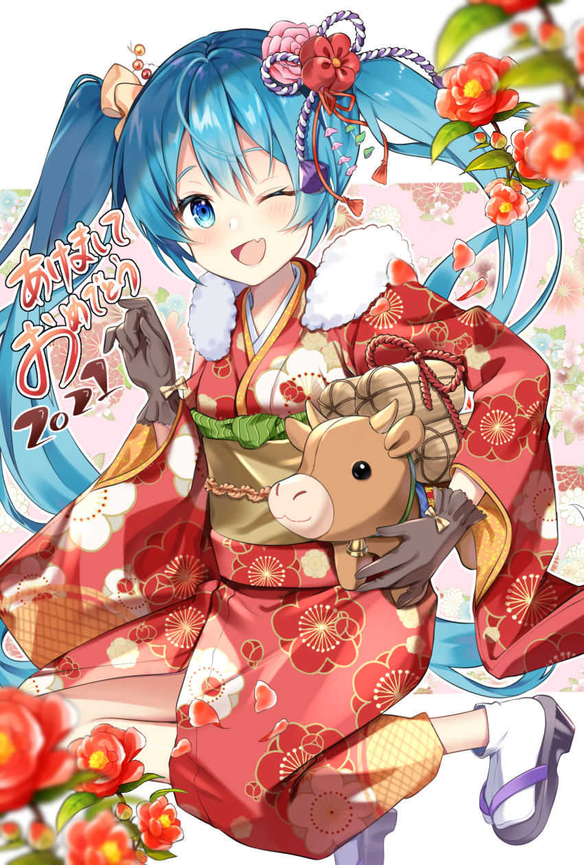 1girl akeome animal bell blue_eyes blue_hair blurry_foreground brown_gloves camellia chinese_zodiac commentary cow fang floral_background flower fur-trimmed_kimono fur_trim gloves hair_flower hair_ornament happy_new_year hatsune_miku highres holding holding_animal horns japanese_clothes kanzashi kikumon kimono leaf legs_up looking_at_viewer mukuro_usss neck_bell new_year obi one_eye_closed open_mouth petals red_flower rope sash skin_fang smile solo vocaloid year_of_the_ox