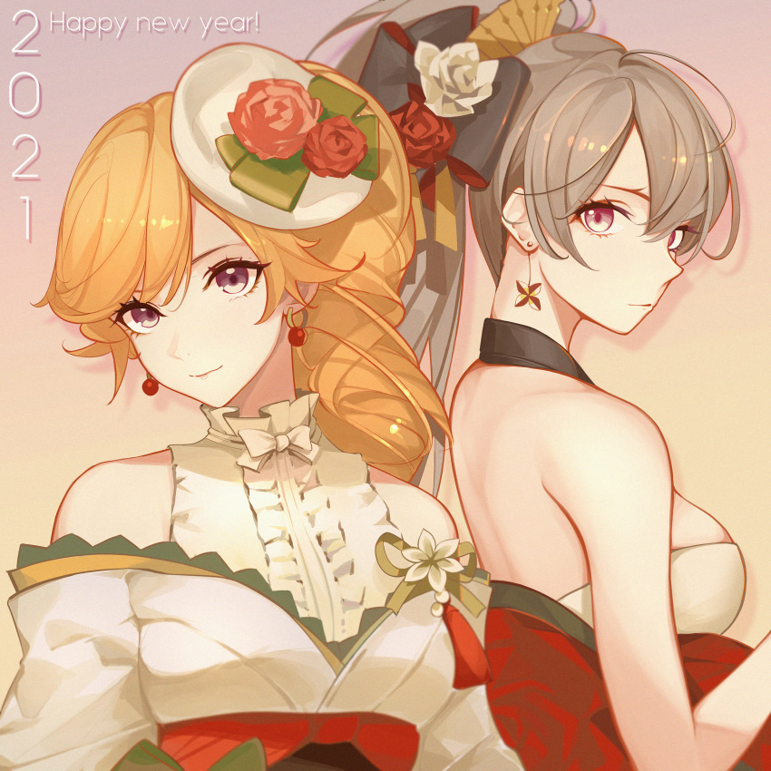 2021 2girls absurdres azur_lane bare_back bare_shoulders bow breasts center_frills cleavage colored_pencil_(medium) earrings flower frills hair_bow hair_flower hair_ornament halterneck happy_new_year hat highres japanese_clothes jean_bart_(azur_lane) jean_bart_(first_snow_upon_the_cutlass's_edge)_(azur_lane) jewelry kimono lave2600 light_brown_hair long_hair looking_at_viewer marker_(medium) medium_breasts millipen_(medium) mini_hat multiple_girls new_year off_shoulder orange_hair purple_eyes red_eyes red_flower red_sash richelieu_(azur_lane) richelieu_(evergreen_prophecy)_(azur_lane) sash tilted_headwear traditional_media upper_body white_flower white_kimono