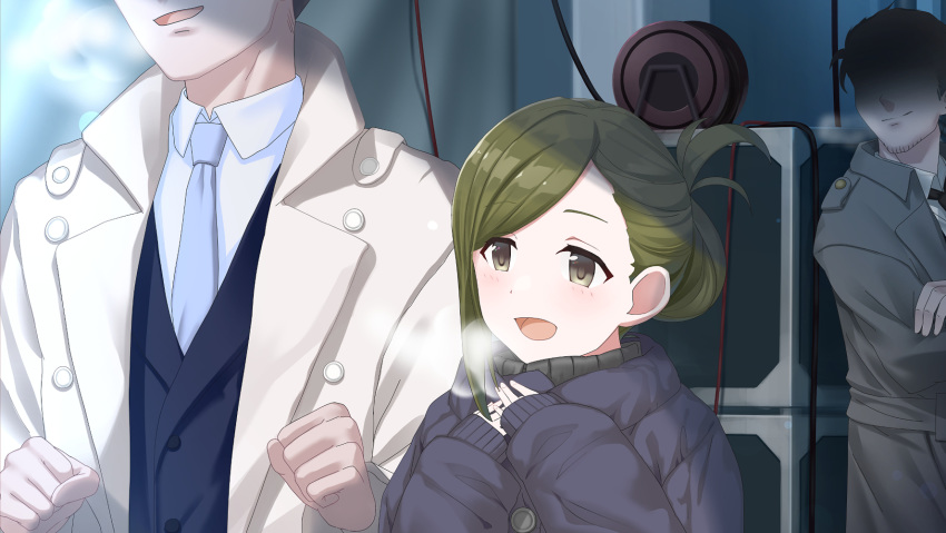 1girl 2boys :d bangs black_jacket black_neckwear blue_jacket blue_neckwear blush brown_eyes brown_jacket closed_mouth coat collared_shirt commentary_request eyebrows_visible_through_hair faceless faceless_male green_hair grey_coat head_out_of_frame highres idolmaster idolmaster_shiny_colors jacket long_hair long_sleeves multiple_boys nanakusa_hazuki necktie o_(rakkasei) open_clothes open_jacket open_mouth shirt sleeves_past_wrists smile solo_focus swept_bangs white_shirt