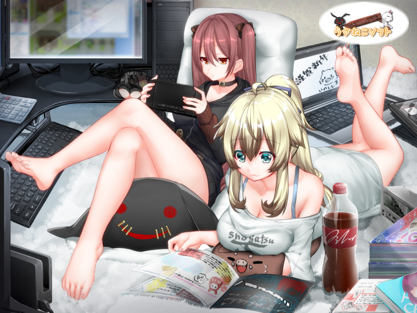 2girls bare_arms bare_legs bare_shoulders barefoot blonde_hair computer couch feet feet_up greek_toe green_eyes happy_new_year keyboard_(computer) kurousagi1029 laptop leg_up magazine medium_hair monitor multiple_girls new_year original ponytail red_eyes red_hair soles stuffed_toy toes