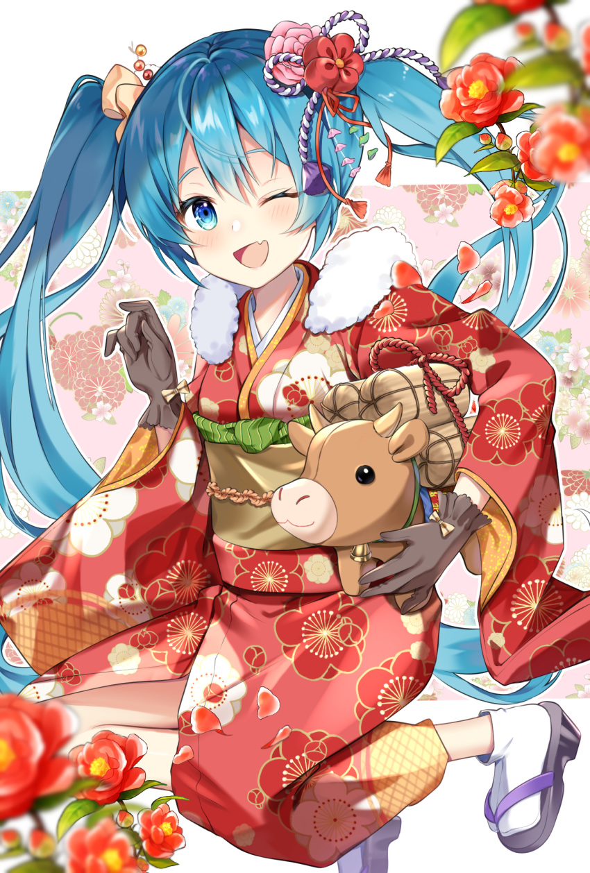1girl animal bell blue_eyes blue_hair blurry_foreground brown_gloves camellia chinese_zodiac commentary cow fang floral_background flower fur-trimmed_kimono fur_trim gloves hair_flower hair_ornament hatsune_miku highres holding holding_animal horns japanese_clothes kanzashi kikumon kimono leaf legs_up looking_at_viewer mukuro_usss neck_bell new_year obi one_eye_closed open_mouth petals red_flower rope sash skin_fang smile solo vocaloid year_of_the_ox