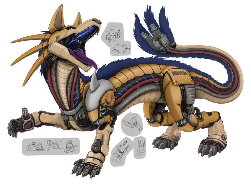 2020 5_toes alpha_channel ambiguous_gender arm_spikes barefoot big_ears black_markings black_nose black_sclera blue_body blue_eyes blue_fur blue_mane canid canine cheek_spikes claws digital_drawing_(artwork) digital_media_(artwork) digitigrade dragon english_text facial_spikes fangs feral fur fur_tuft glowing grey_claws grey_text half-closed_eyes head_tuft hi_res hybrid long_tail looking_at_viewer looking_down machine mammal mane markings metal metallic_body multicolored_body narrowed_eyes nude open_mouth paws purple_tongue quadruped raised_foot raised_paw robot scales scalie science_fiction sharp_teeth shoulder_spikes side_view simple_background solo spikes spikes_(anatomy) standing tail_maw tail_mouth tail_tuft taluthus tan_body tan_scales teeth text three-quarter_view toes tongue tongue_out transparent_background tuft verkele wide_eyed yellow_body yellow_scales