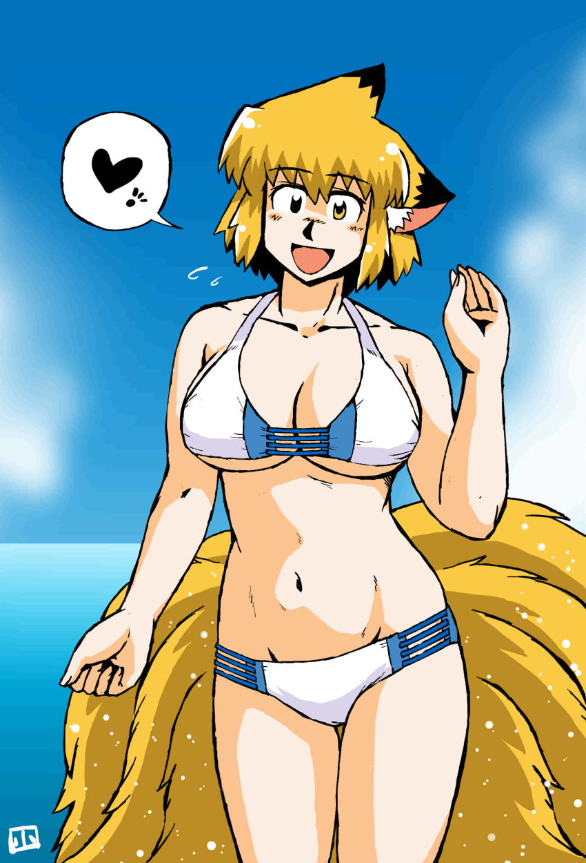 &lt;3 5_fingers absurd_res animal_humanoid azuki_osamitsu big_breasts bikini biped blonde_hair blush bottomwear breasts canid canid_humanoid canine canine_humanoid cleavage clothed clothing day dipstick_ears female fingers fluffy fluffy_tail fox_humanoid front_view fully_clothed fur gesture hair hi_res humanoid humanoid_hands inner_ear_fluff light_body light_skin looking_at_viewer mammal mammal_humanoid midriff monotone_hair multi_tail multicolored_ears navel open_mouth open_smile outside pictographics pink_inner_ear portrait ran_yakumo short_hair sky smile solo speech_bubble standing swimwear three-quarter_portrait topwear touhou tuft two_tone_ears video_games water waving wet wet_body wet_fur white_bikini white_bottomwear white_clothing white_inner_ear_fluff white_swimwear white_topwear yellow_body yellow_eyes yellow_fur