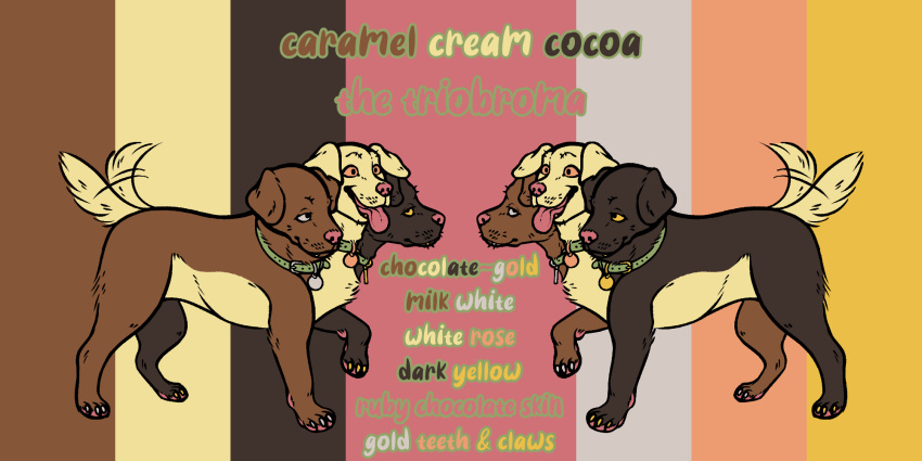 2:1 3_heads bird_dog black_body black_fur brown_body brown_fur candy canid canine canis caramel_cream_cocoa cerberus chocolate collar cryena dessert dog_tags domestic_dog english_text european_mythology feral floppy_ears food fur gold_(metal) gold_claws gold_tooth greek_mythology group happy hi_res hunting_dog labrador male mammal model_sheet multi_head mythology pink_eyes pink_nose retriever solo tailwag text tongue tongue_out triobroma white_eyes yellow_body yellow_eyes yellow_fur