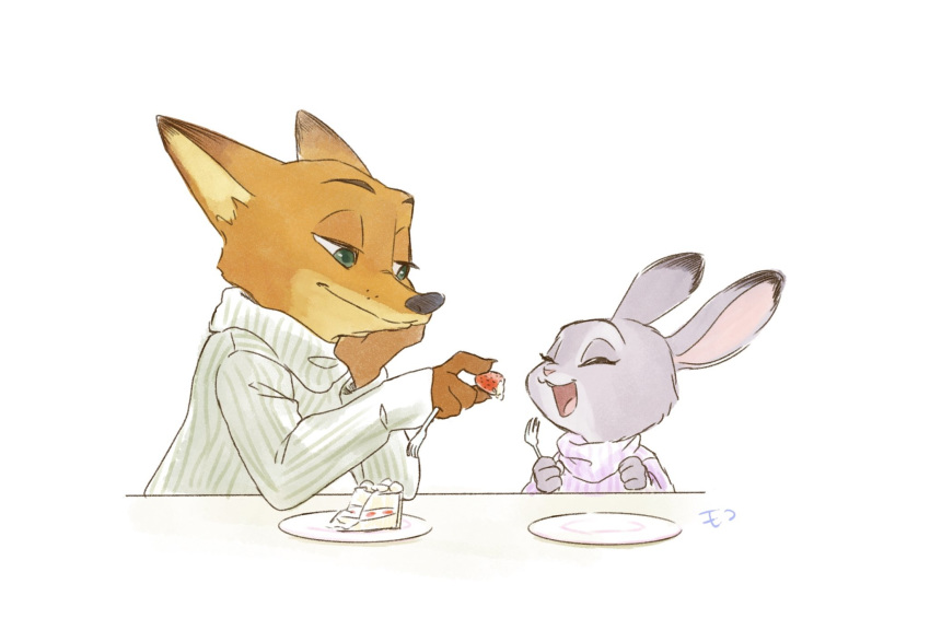 anthro cake canid canine clothed clothing dessert dipstick_ears disney duo eyes_closed feeding food fox fruit fur green_eyes grey_body grey_fur hi_res holding_food holding_fork holding_object judy_hopps lagomorph leporid looking_at_another mammal monmokamoko multicolored_body multicolored_ears multicolored_fur nick_wilde open_mouth orange_body orange_fur plant rabbit red_fox simple_background smile strawberry sweater topwear two_tone_body two_tone_fur white_background zootopia