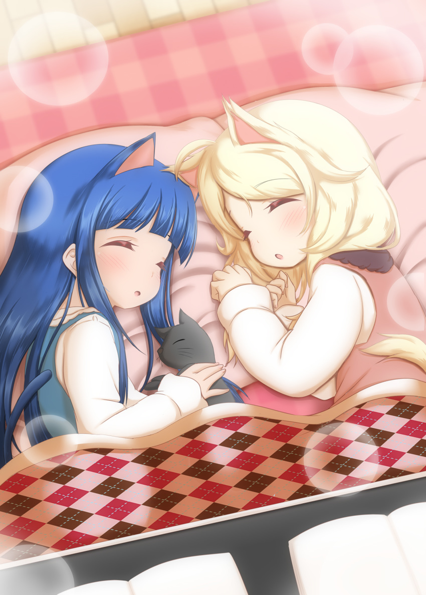 2girls animal_ears bangs blonde_hair blue_hair cat cat_ears cat_tail closed_eyes highres hosizora_mikoto idolmaster idolmaster_cinderella_girls kotatsu long_hair lying medium_hair multiple_girls no_legs on_side open_mouth sajou_yukimi sleeping table tail upper_body yusa_kozue